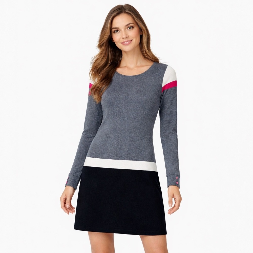 Hatley Womens Grey Navy Colorblock Long Sleeve Shift Dress Size S Round Neck Zip
